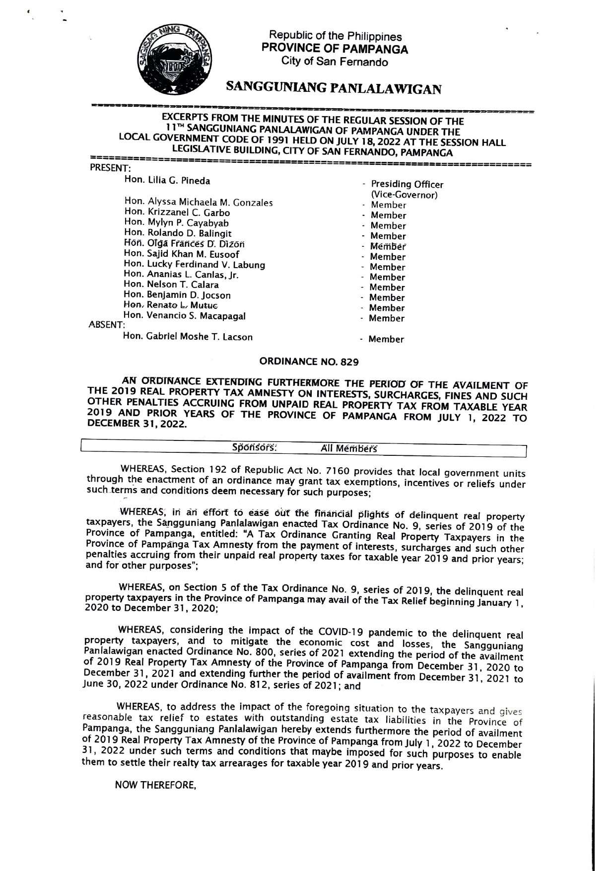 An Ordinance Extending  Furthermore the Period of the Availment of the 2019 Real Property Tax Amnesty on interests, surcharges, fines and such other penalties