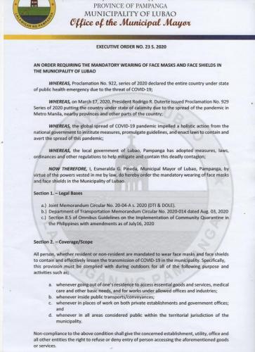 Executive Order Mandatory for Face Mask and Face Shield